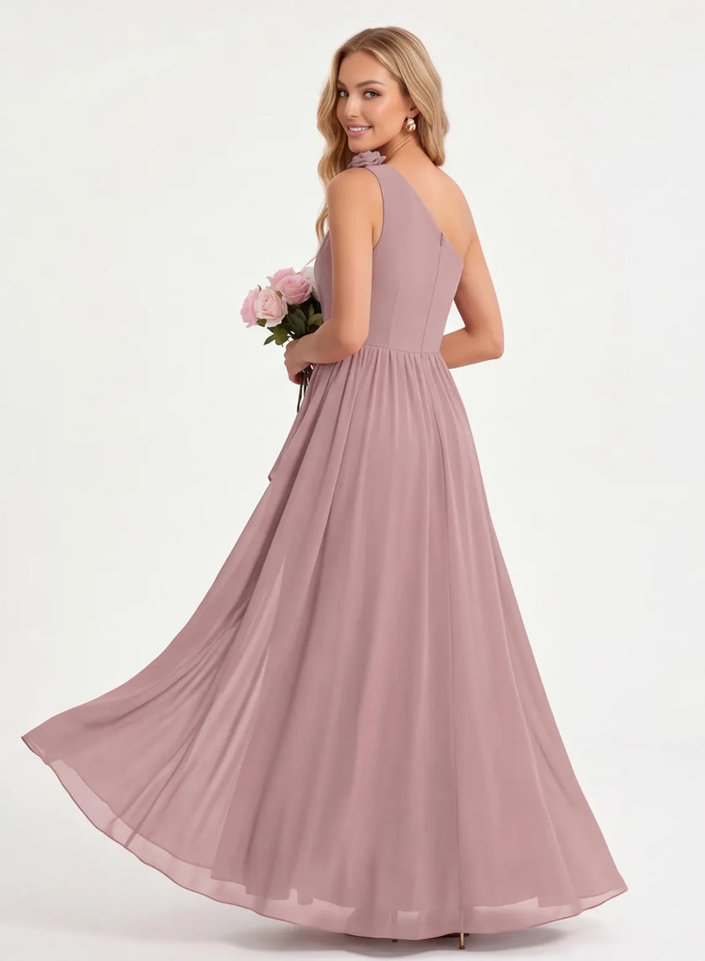 Dusty rose bridesmaid dress back view with flowing A-line chiffon skirt