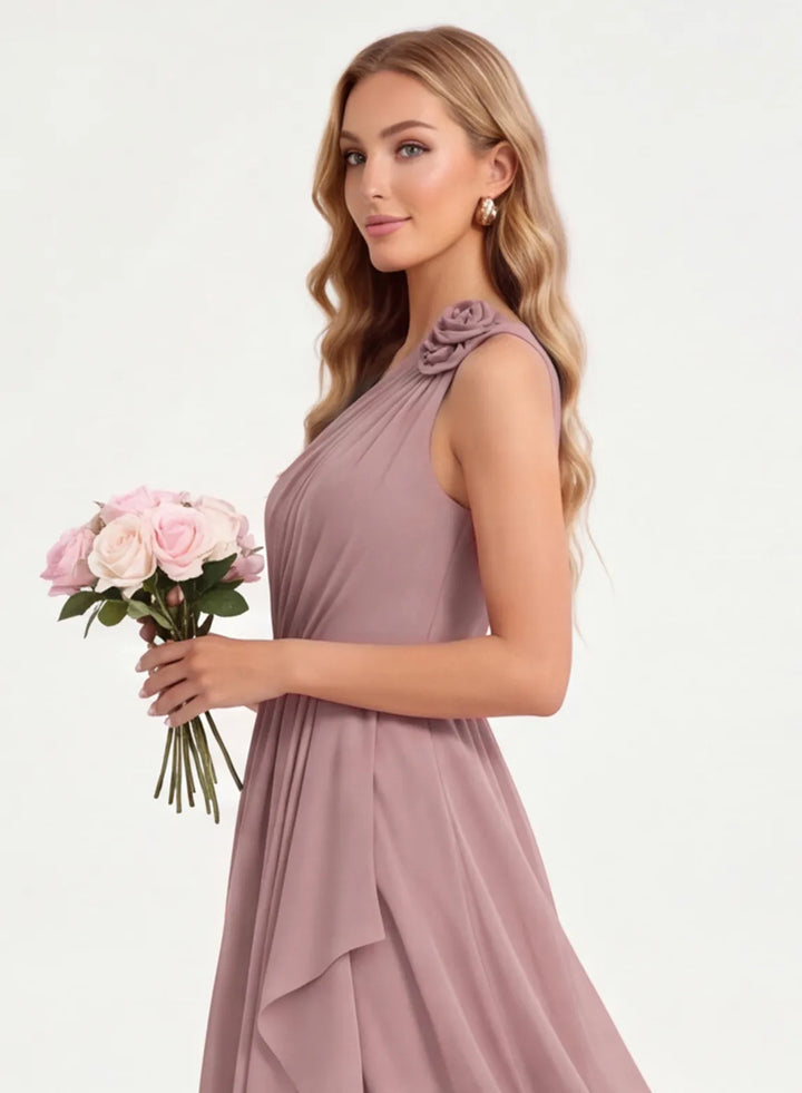 Dusty rose chiffon dress with pleated waist and layered flowing skirt detail