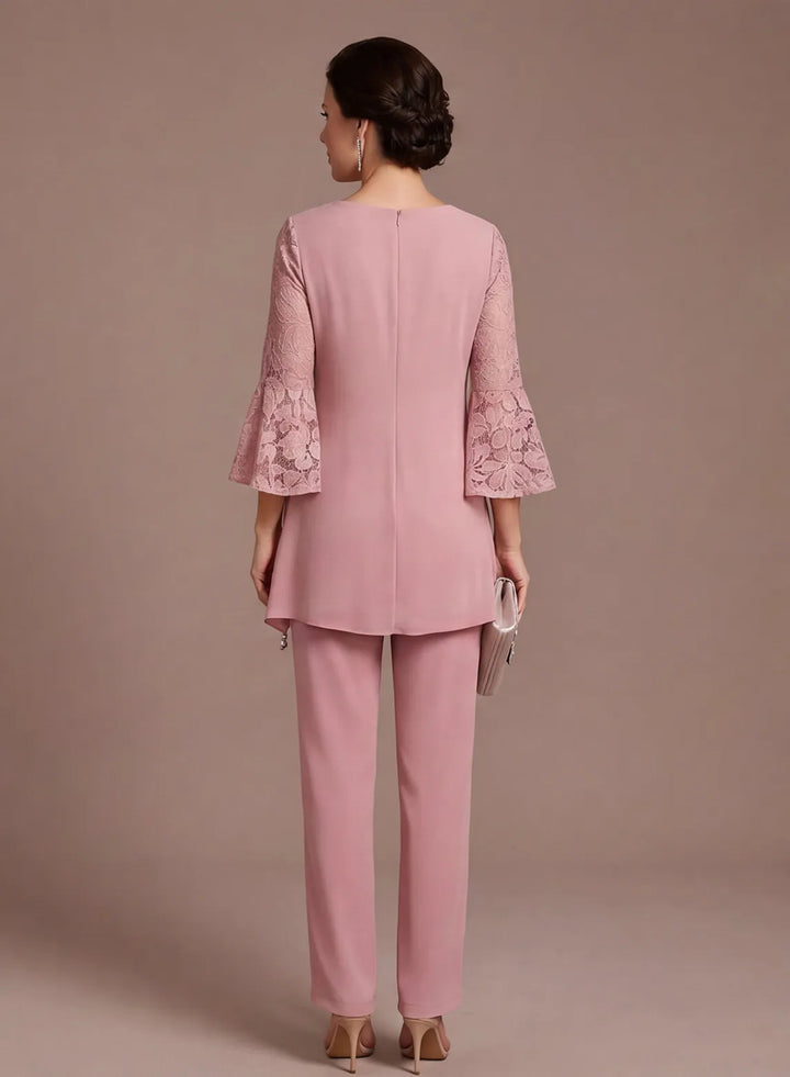 Dusty rose mother of the bride outfit back view with elegant layered top design