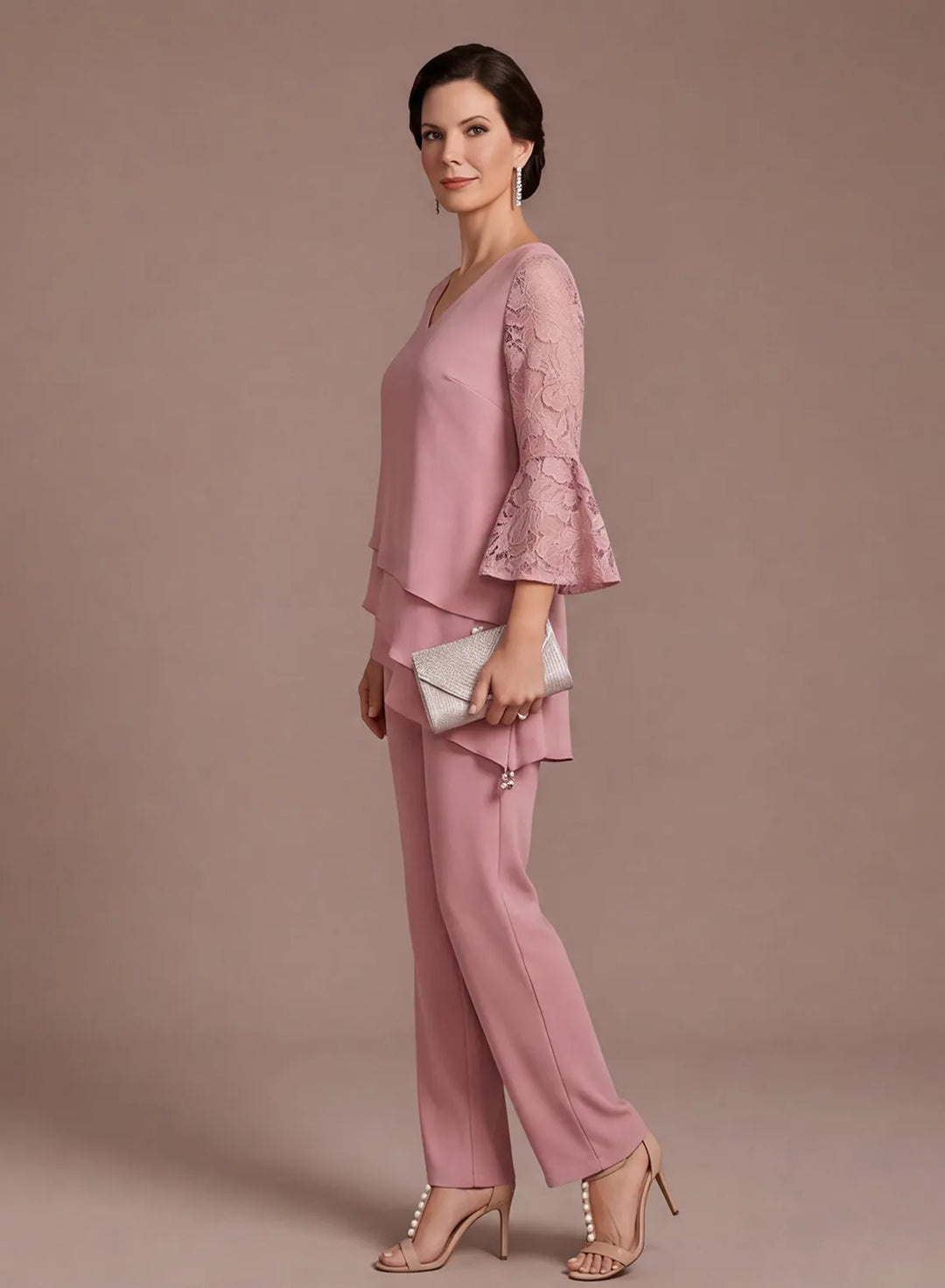 Elegant dusty rose lace sleeve pantsuit side view for wedding guests