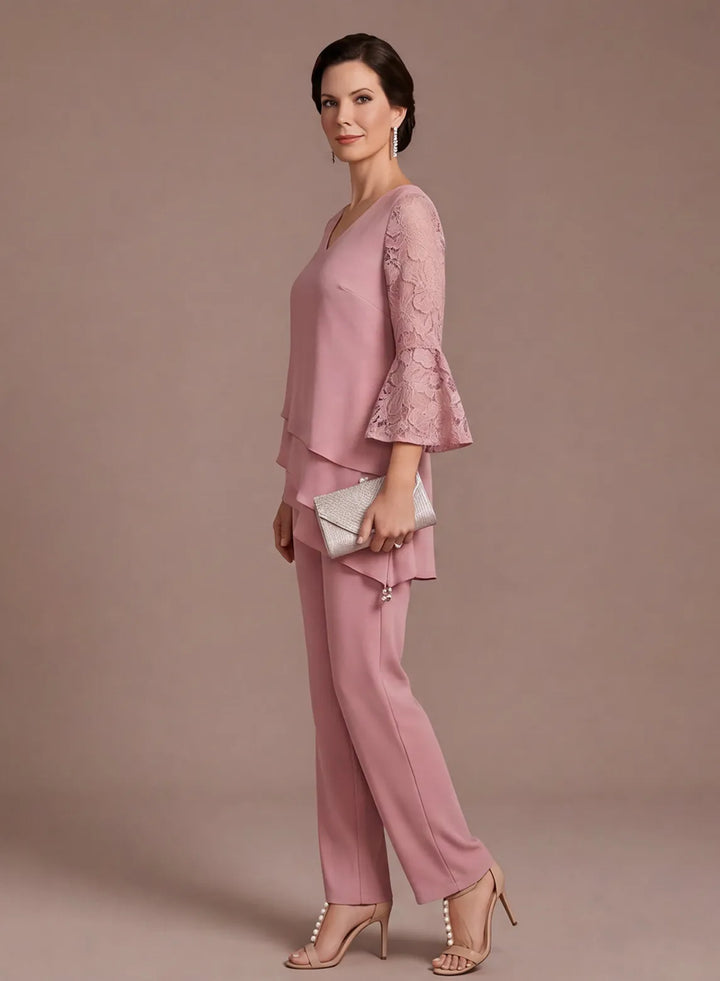 Elegant dusty rose lace sleeve pantsuit side view for wedding guests