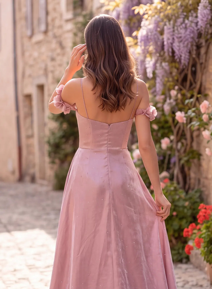 Long dusty rose metallic satin prom dress back view
