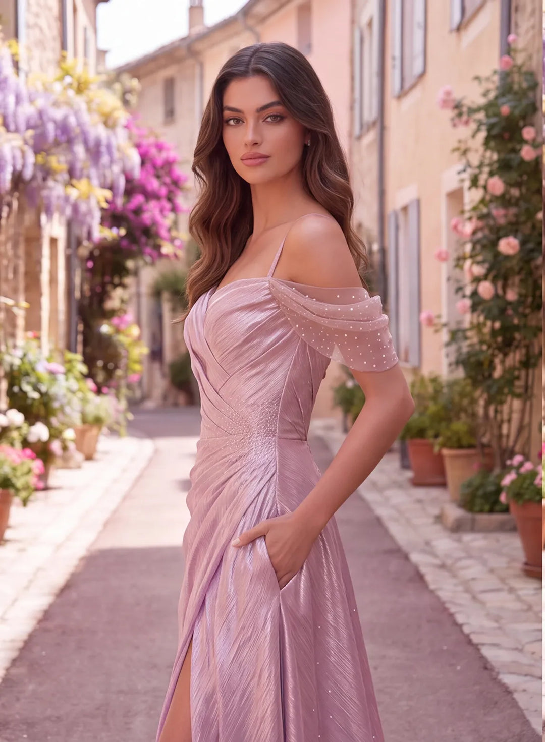Draped corset bodice detail on dusty rose metallic satin prom dress