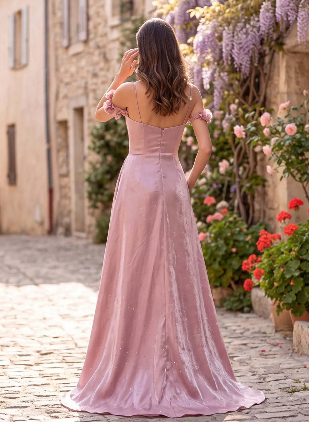 Dusty rose metallic satin floral off shoulder prom dress back view