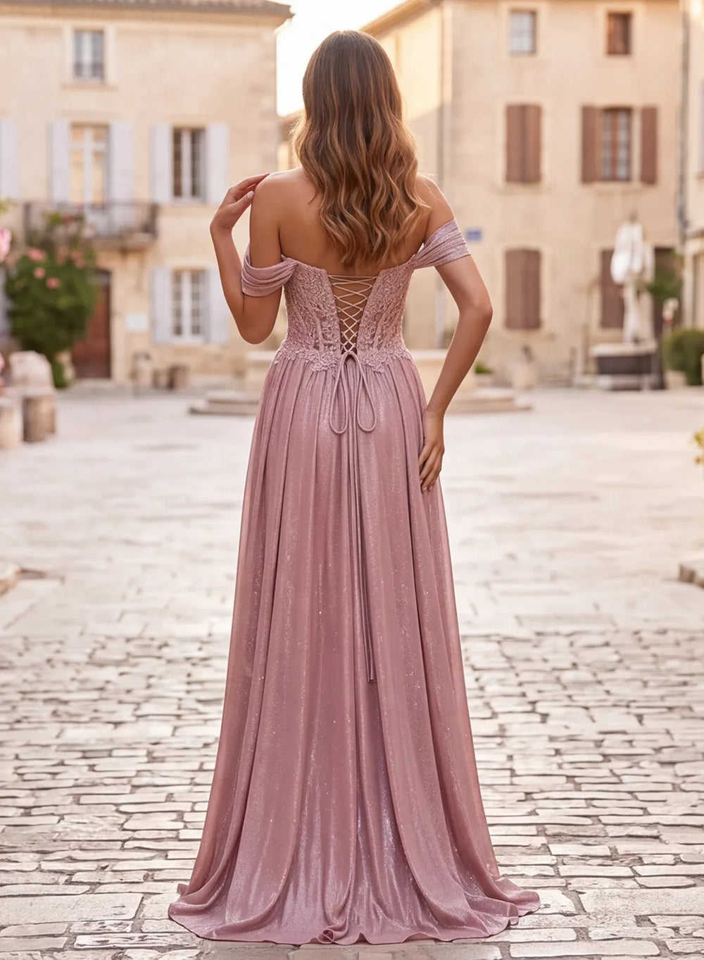 Dusty rose metallic satin prom dress with lace-up back