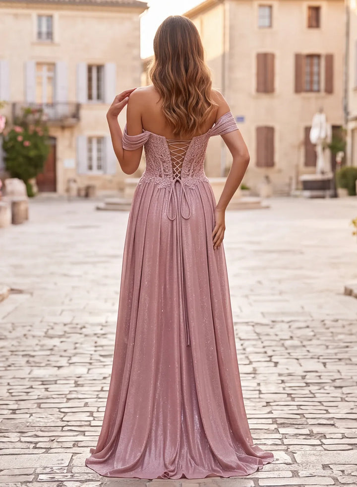 Dusty rose metallic satin prom dress with lace-up back