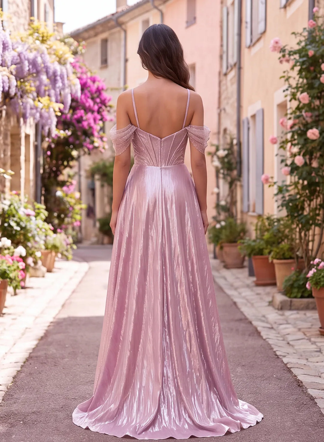 Back view of dusty rose metallic satin off shoulder prom dress