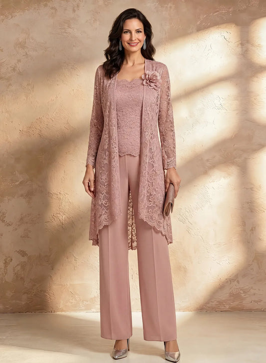Elegant dusty rose mother of the bride pantsuit with lace jacket and formal blouse