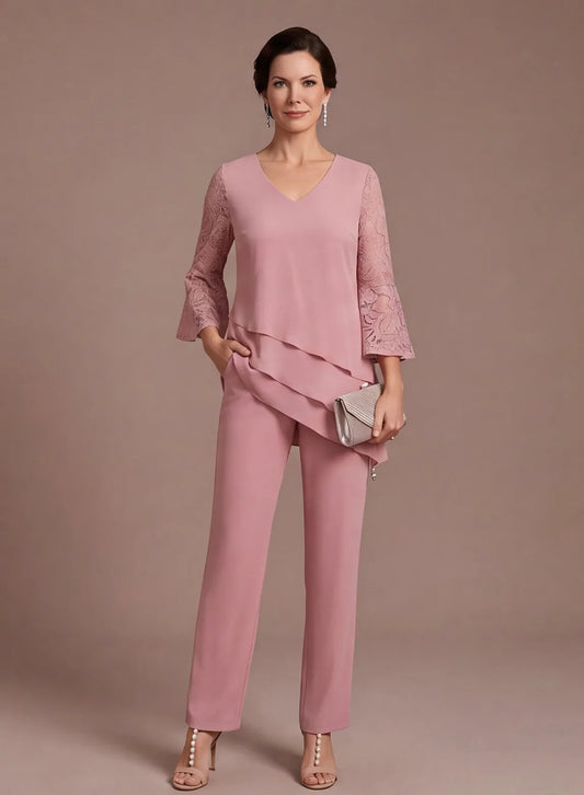 Dusty rose mother of the bride pantsuit with lace bell sleeves front view