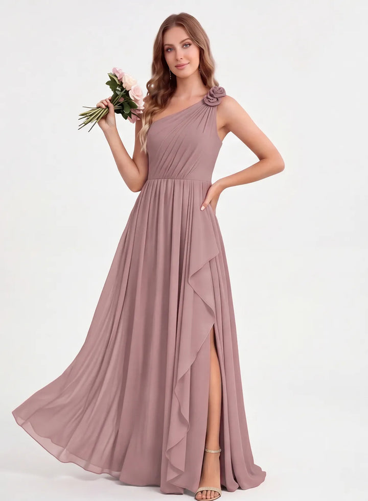 Dusty rose one shoulder chiffon bridesmaid dress with floral shoulder detail front view