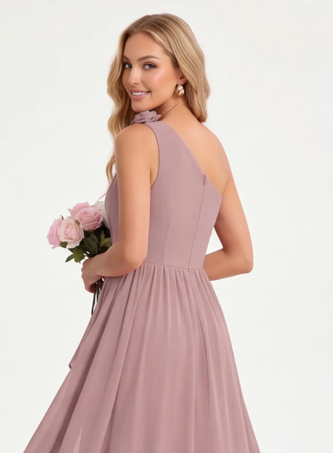 Dusty rose one shoulder formal dress with elegant back design detail