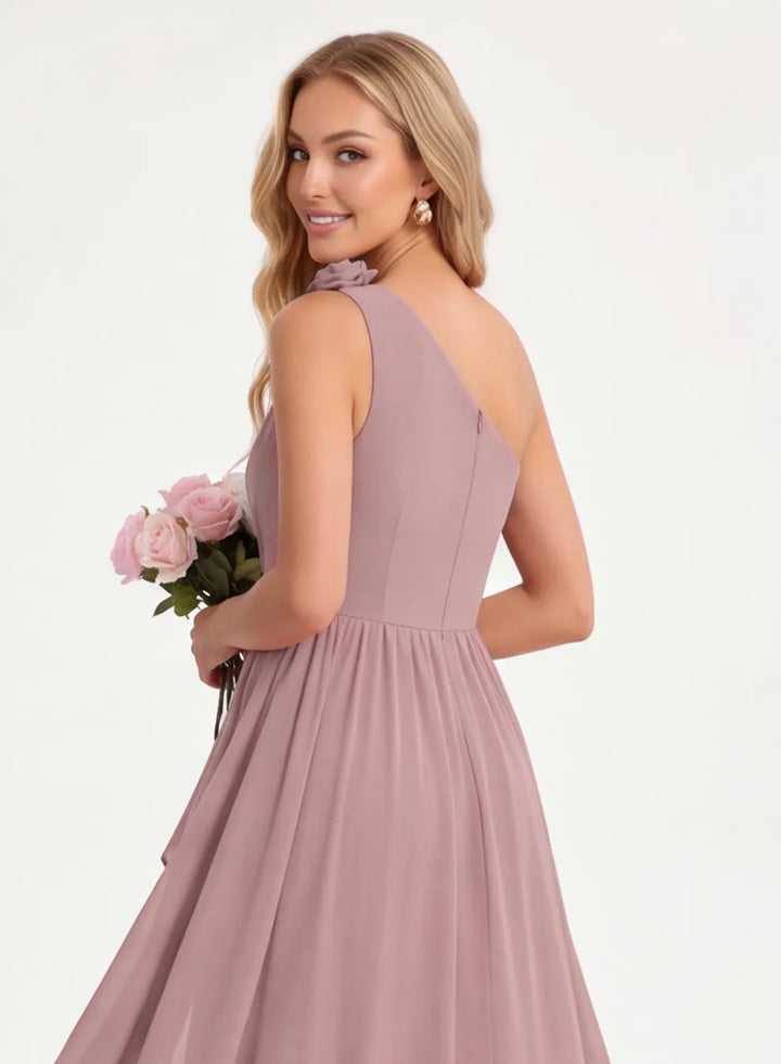 Dusty rose one shoulder formal dress with elegant back design detail