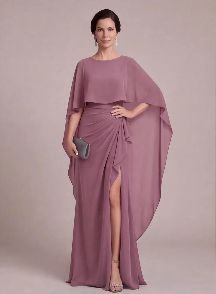 Dusty rose mother of the bride dress with elegant cape sleeves and ruched waist