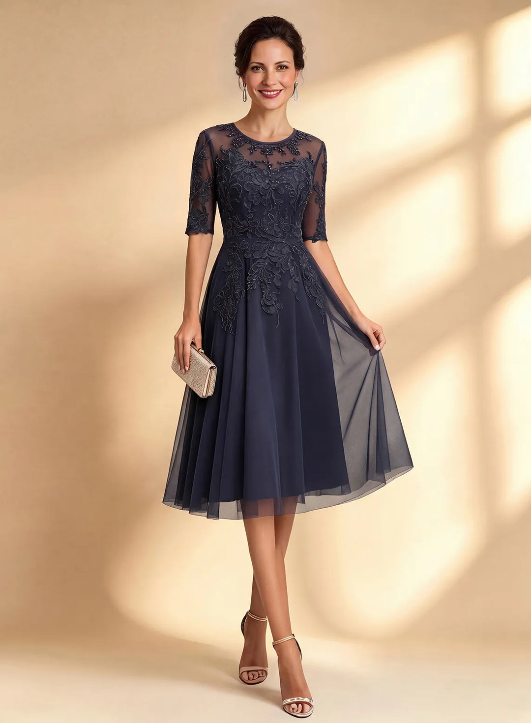 Mother of the Bride Navy Lace Dress Tea Length Elegant Wedding Guest Gown|Veloria dark Navy / US 4