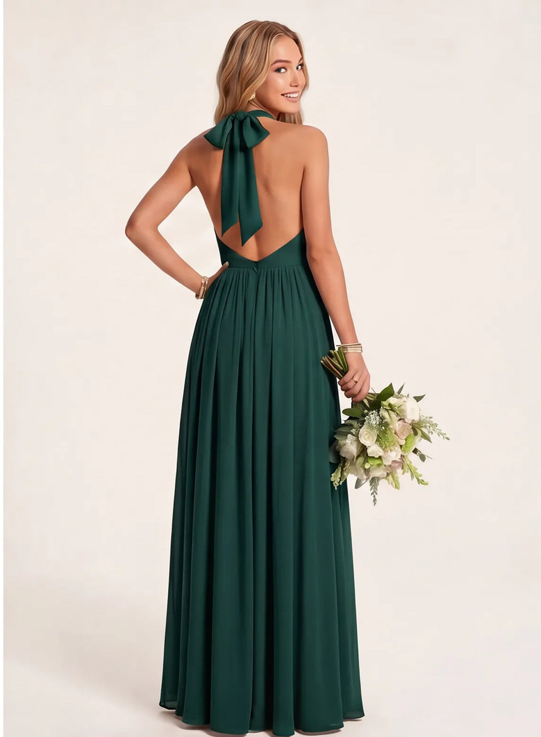 Emerald green backless bridesmaid dress with elegant open back