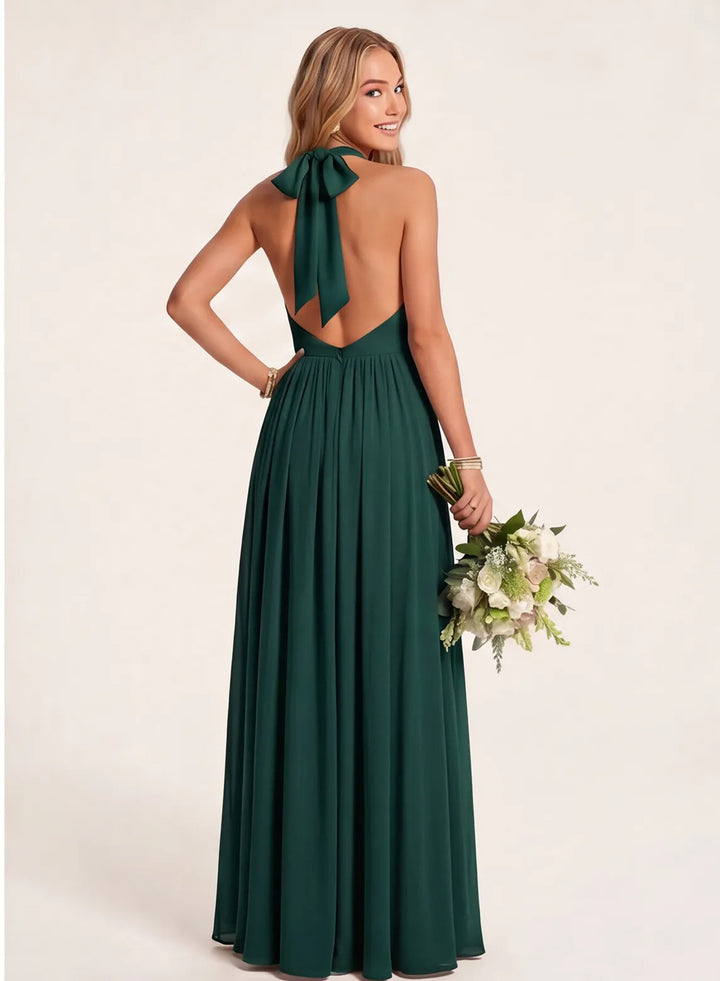 Emerald green backless bridesmaid dress with elegant open back