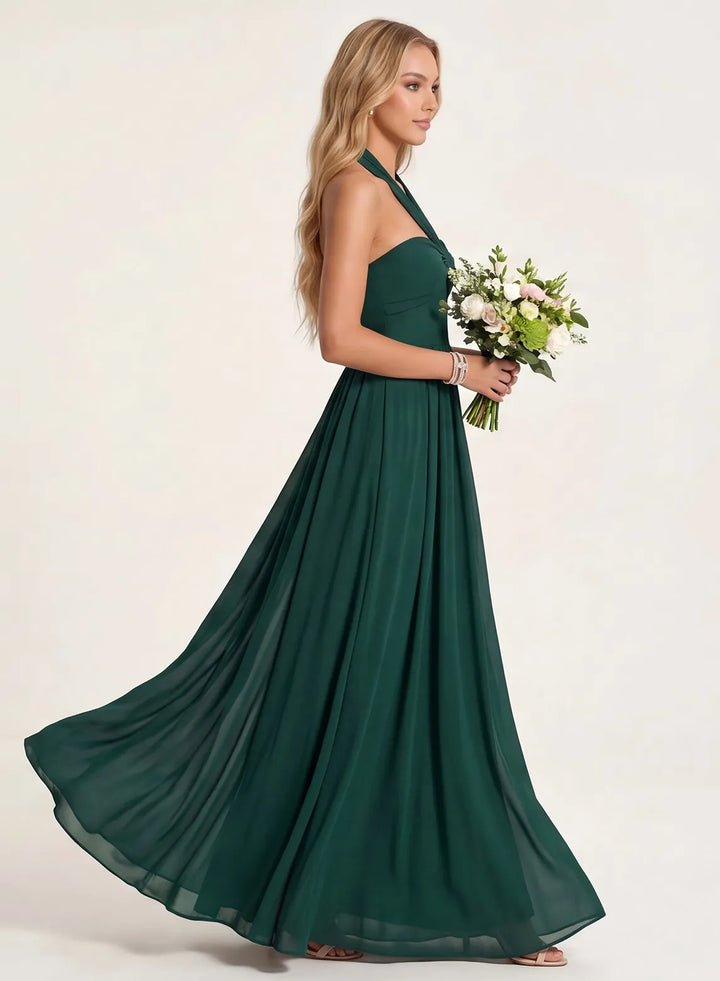 Emerald green flowy bridesmaid dress with elegant floor-length silhouette