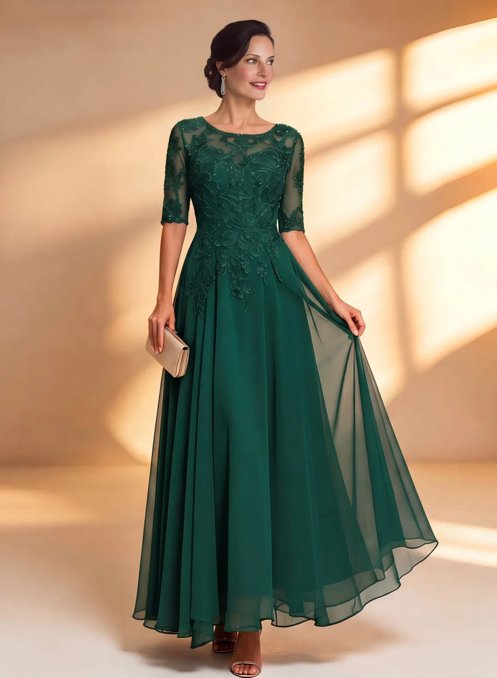 Emerald green lace chiffon A-line mother of the bride dress with sheer sleeves