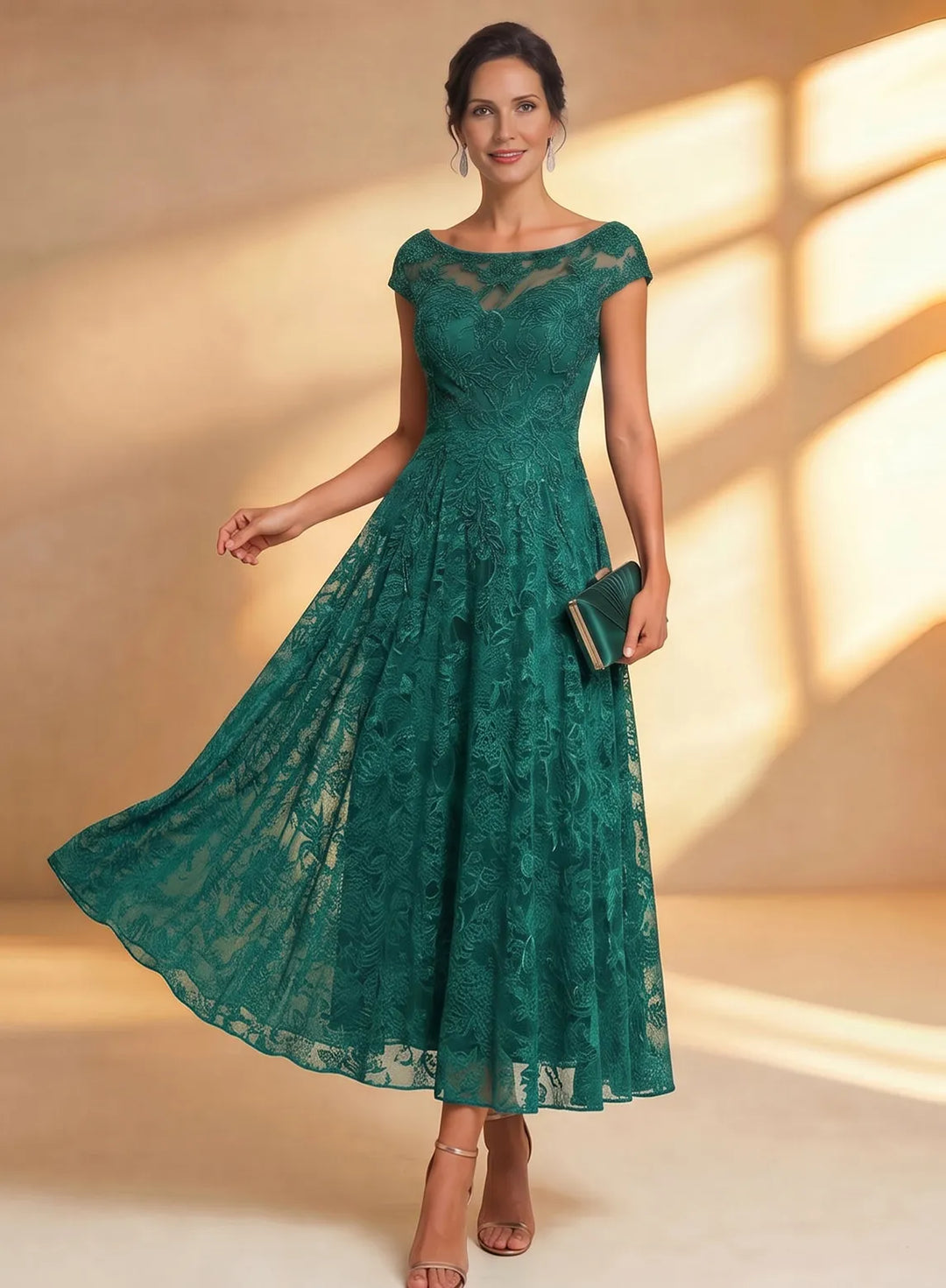 Veloria Dark Green Chiffon Lace Midi Dress with Illusion Neckline