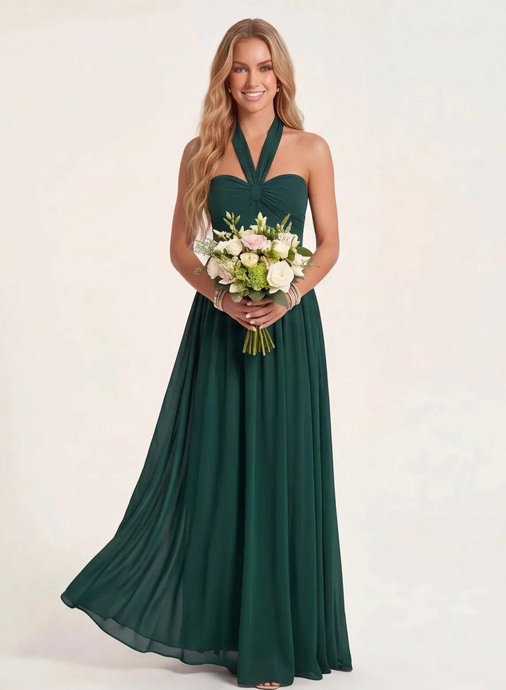 Emerald green long bridesmaid dress for a wedding ceremony