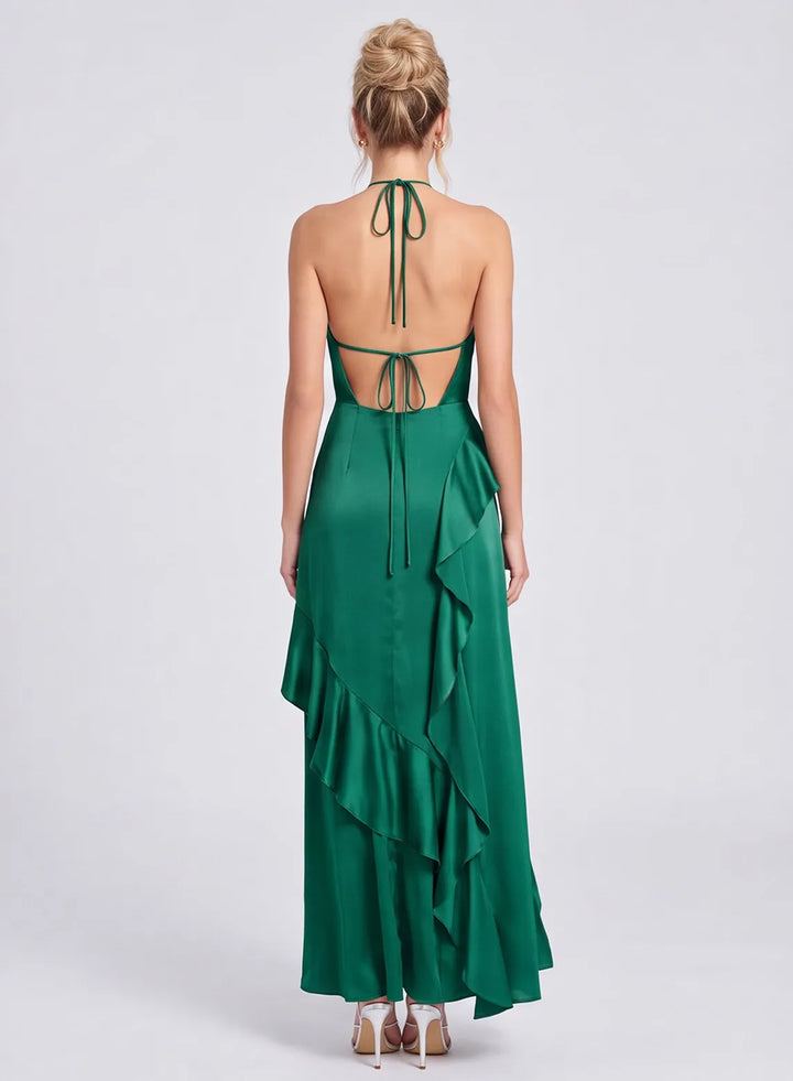 Emerald green satin bridesmaid dress back view