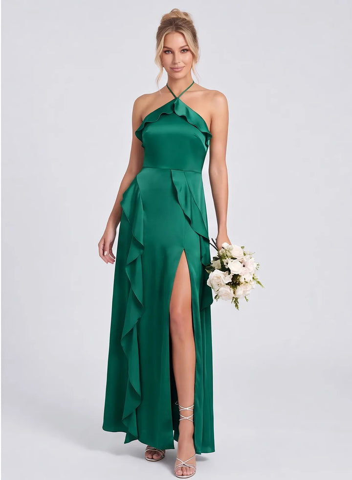 Emerald green satin bridesmaid dress front view
