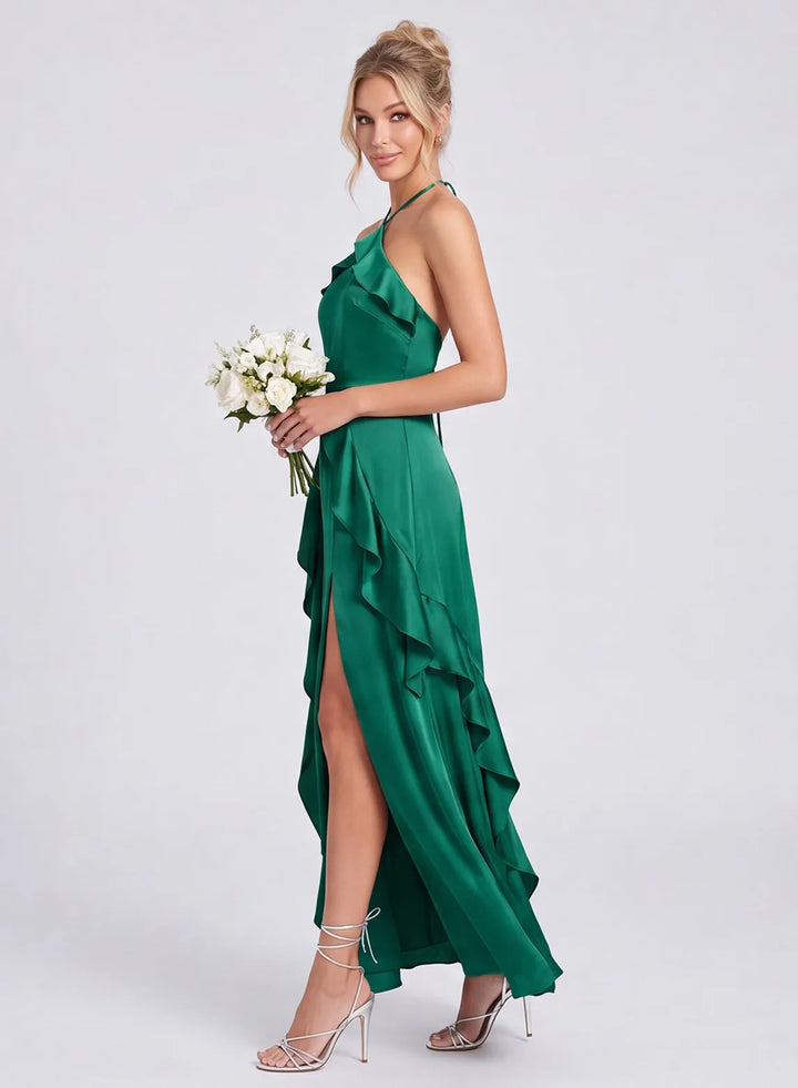 Emerald green satin bridesmaid dress side view