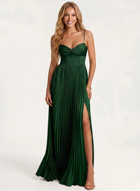 Emerald green satin bridesmaid dress with pleated skirt and elegant slit design