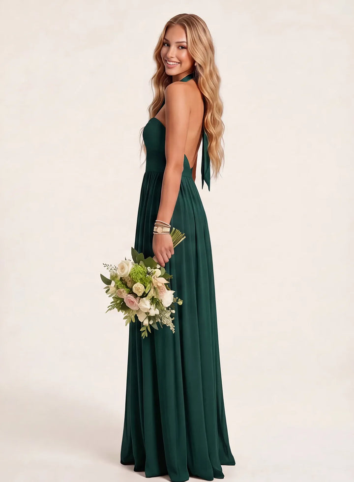 Emerald green sleeveless bridesmaid dress with flowing skirt