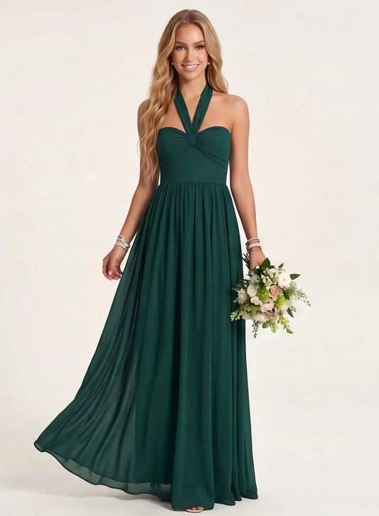 Emerald green V-neck bridesmaid dress with flowing floor-length skirt