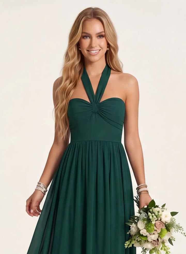 Emerald green V-neck long bridesmaid dress with fitted bodice