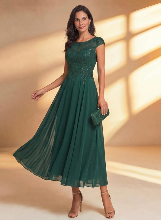 Emerald green wedding dress with a flowing midi skirt and elegant feminine style