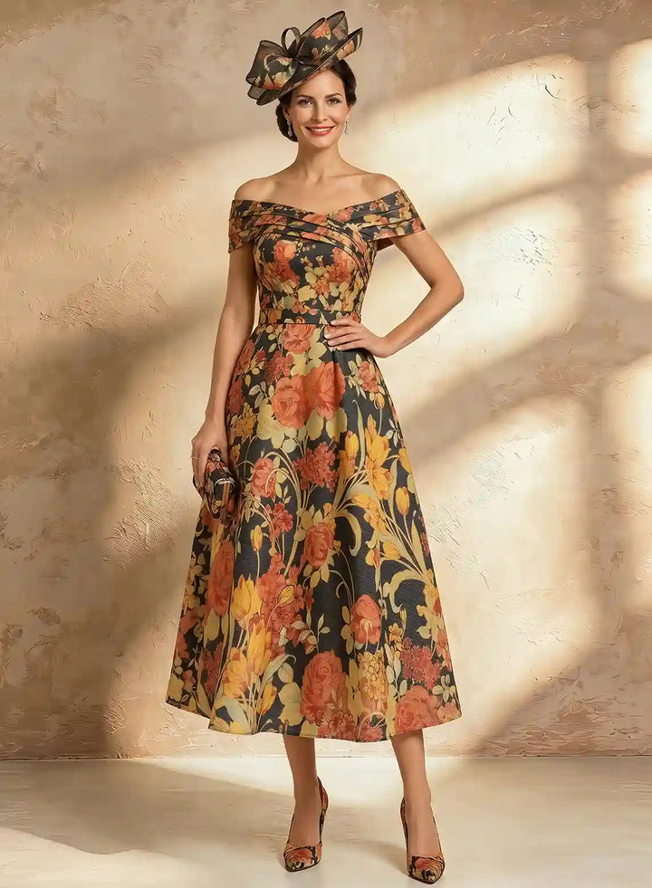 Floral garden wedding guest midi dress with elegant style for outdoor weddings and special occasions
