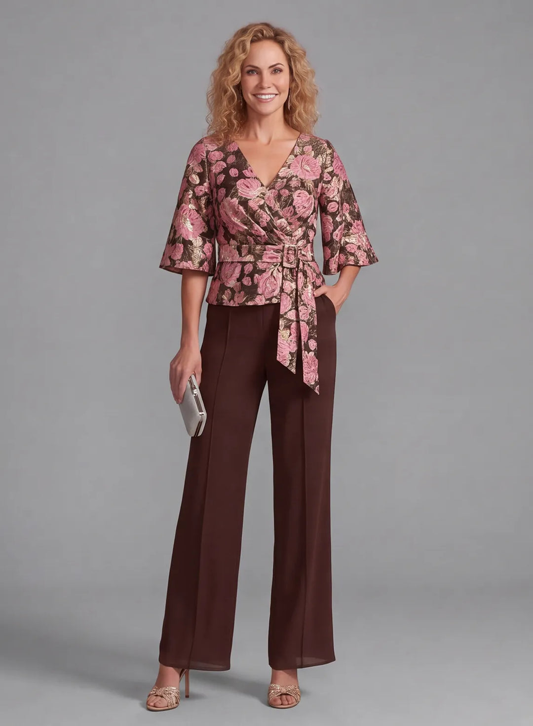 Floral Jacquard Two Piece Pantsuit Set for Mother of the Bride with Chiffon Wide Leg Pants