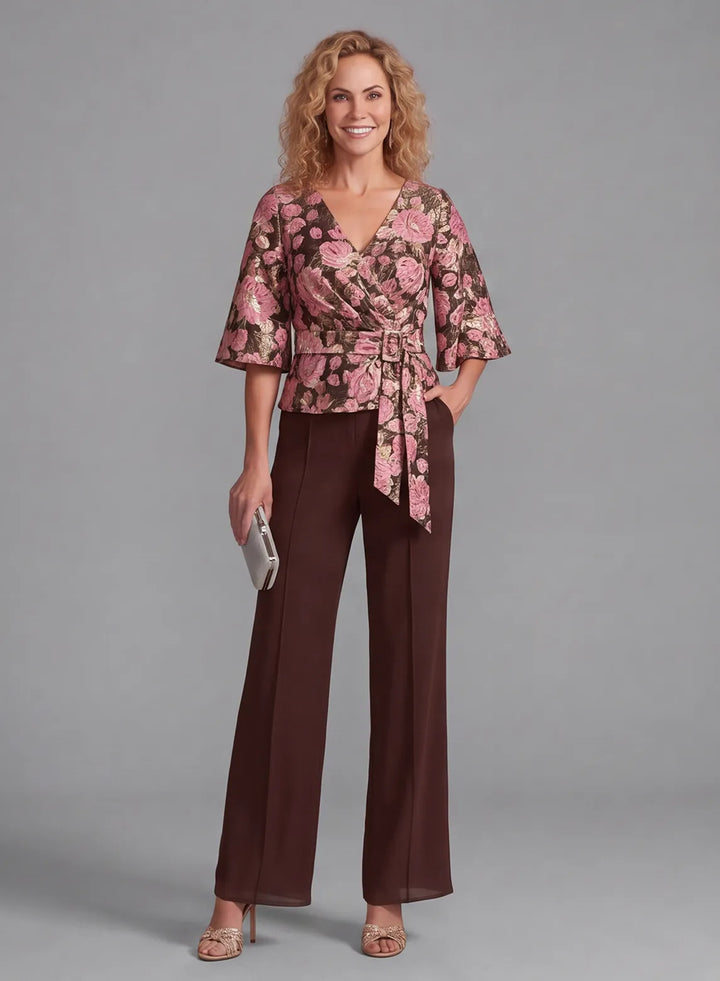 Floral Jacquard Two Piece Pantsuit Set for Mother of the Bride with Chiffon Wide Leg Pants