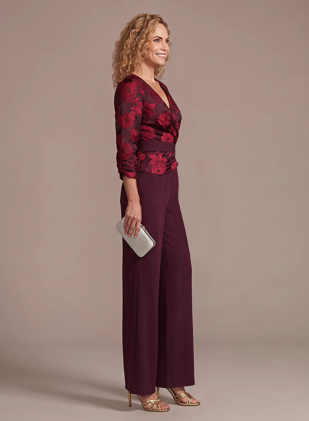 Burgundy floral jacquard V neck blouse with long sleeves for formal wedding outfit