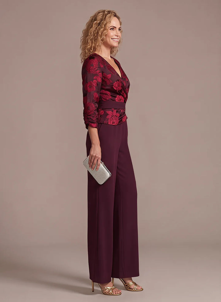 Burgundy floral jacquard V neck blouse with long sleeves for formal wedding outfit