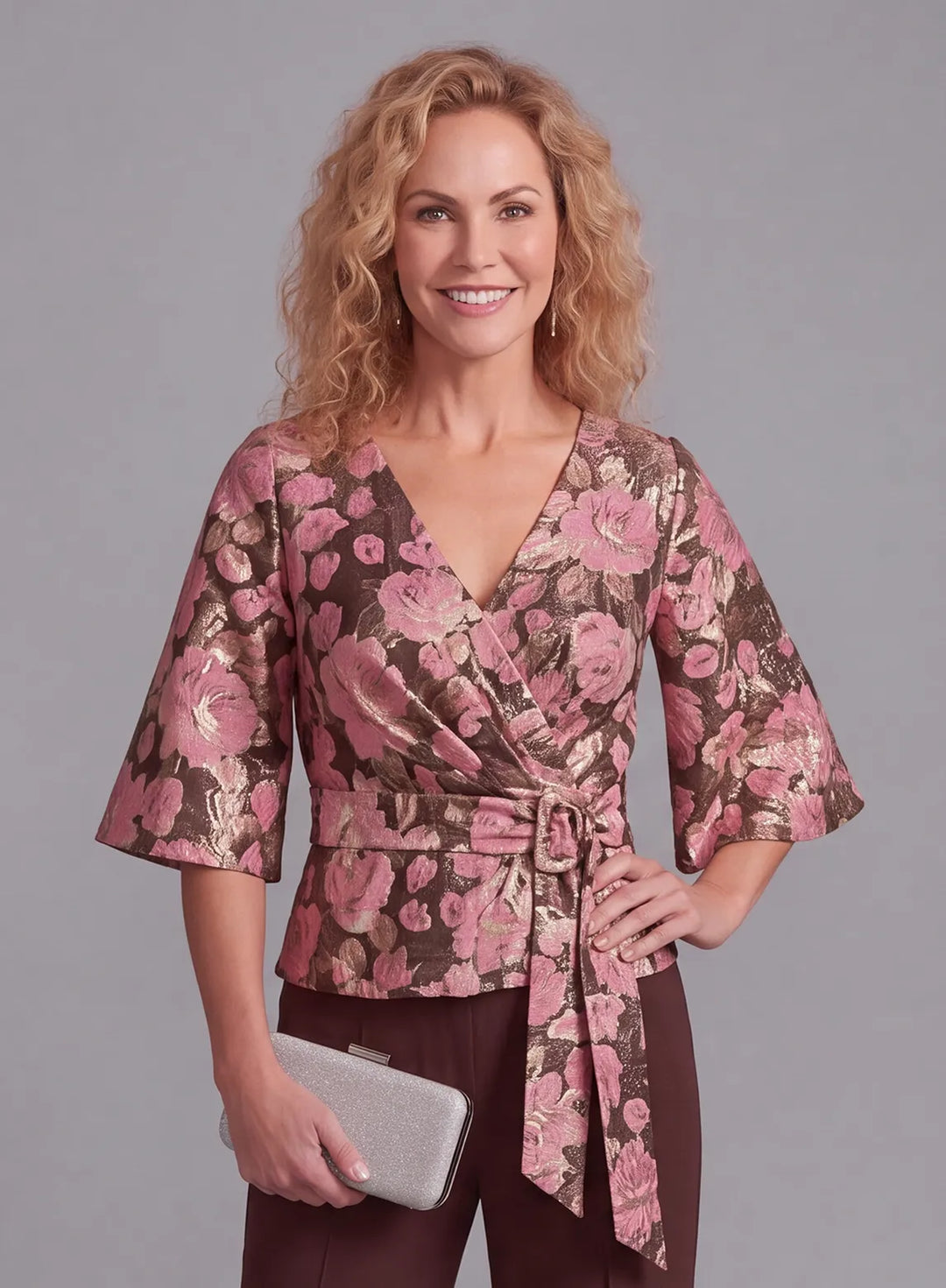 Floral Jacquard Top with V Neck and Flutter Sleeves for Mother of the Bride Outfit