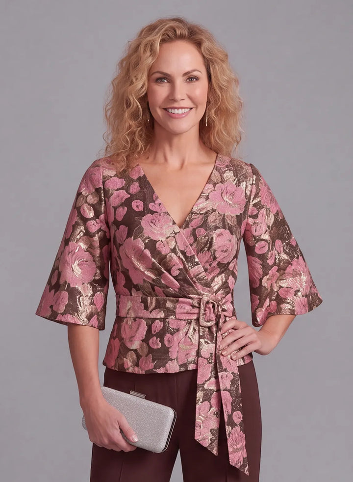 Floral Jacquard Top with V Neck and Flutter Sleeves for Mother of the Bride Outfit