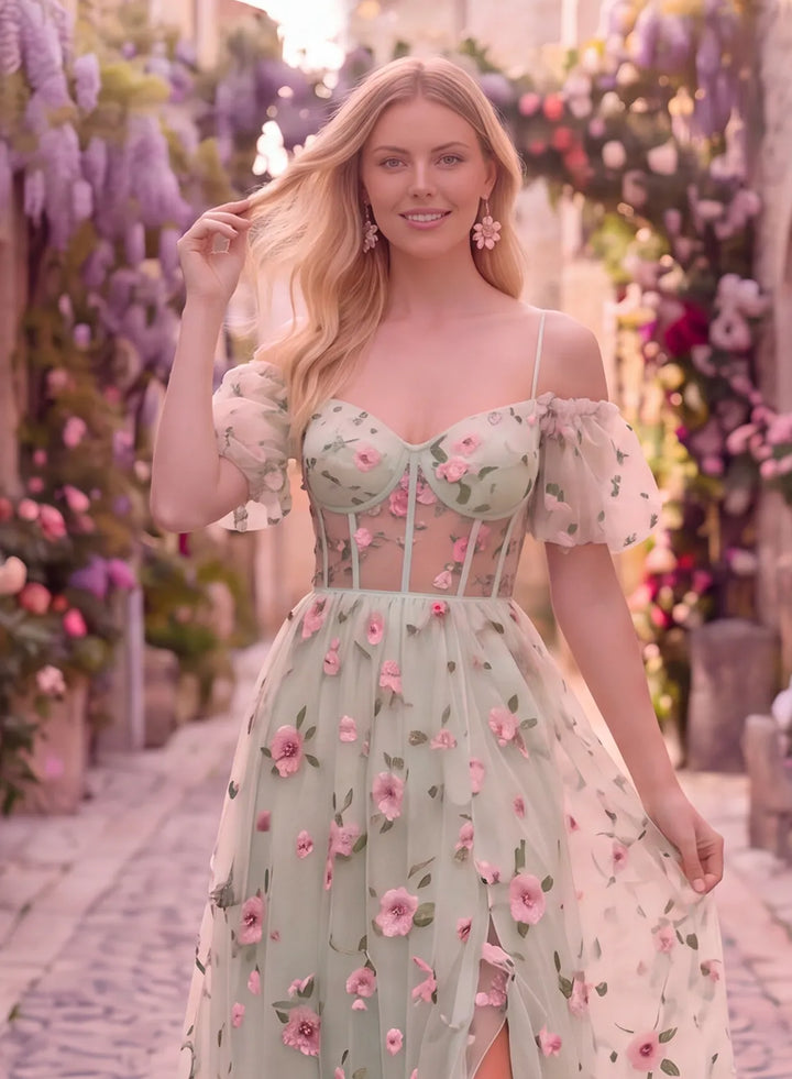 Floral lace prom dress with fitted corset-style bodice detail