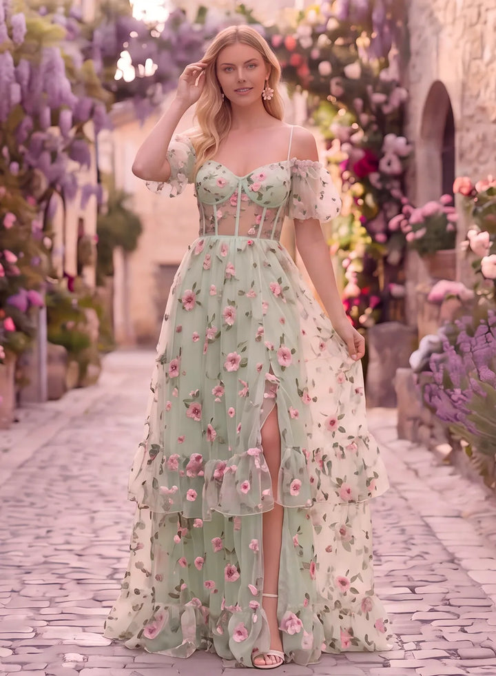 Floral lace prom dress with puff sleeves and ruffle skirt front view