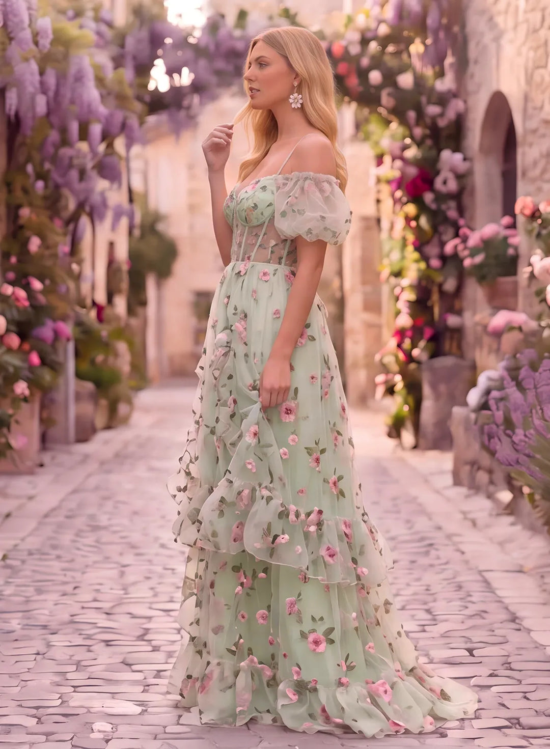Floral lace prom dress with sheer puff sleeves and flowing skirt side view