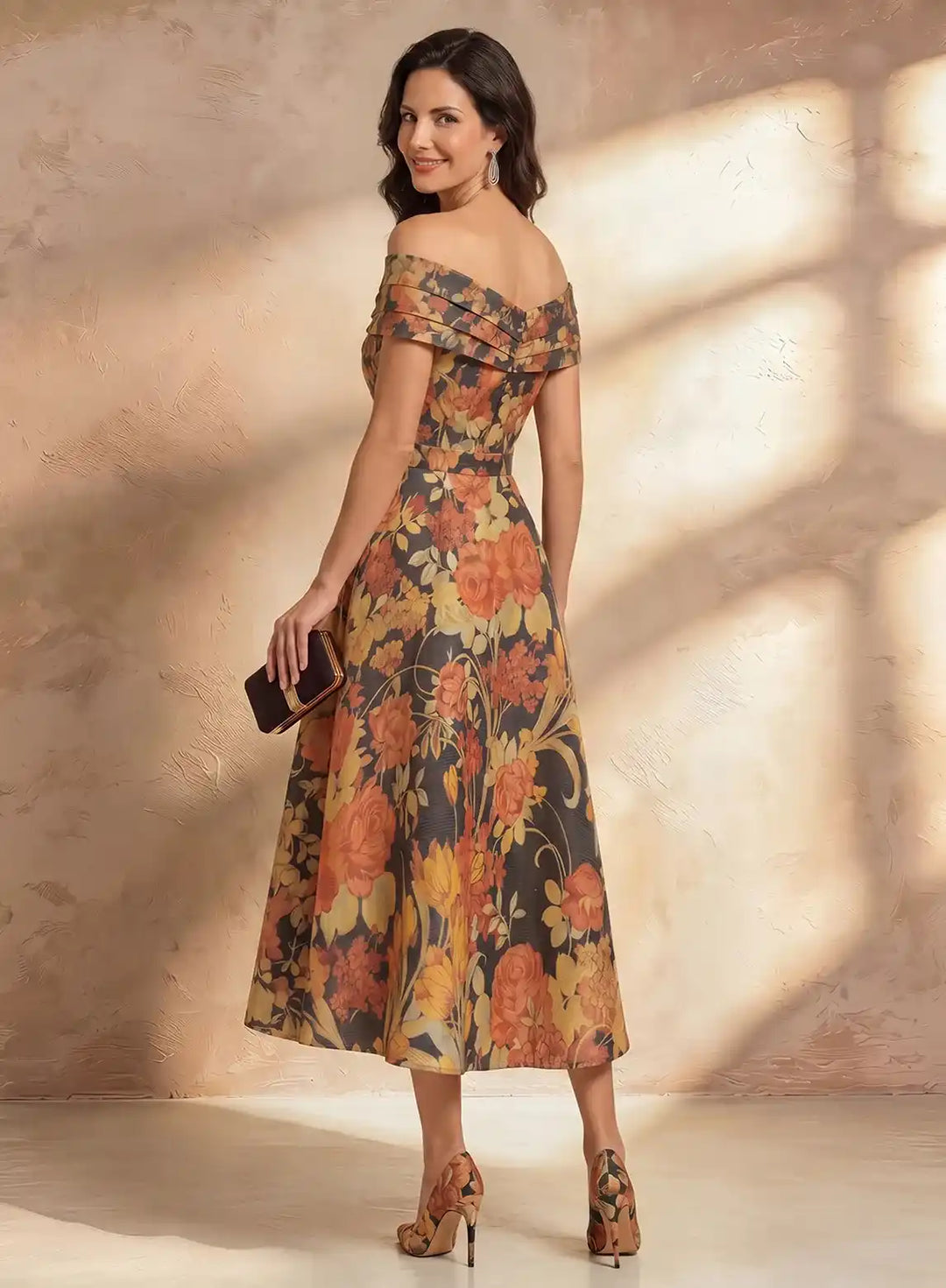 Back view of floral midi dress with elegant fitted waist design