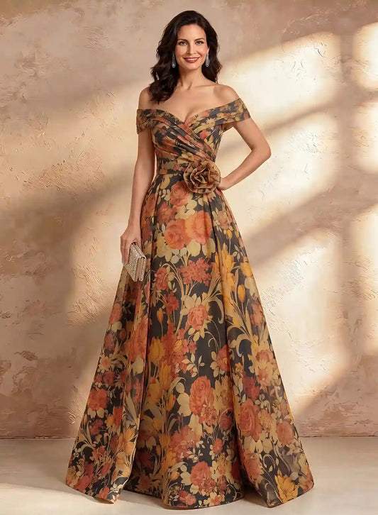 Elegant floral off shoulder mother of the bride gown with A-line skirt in brown tones