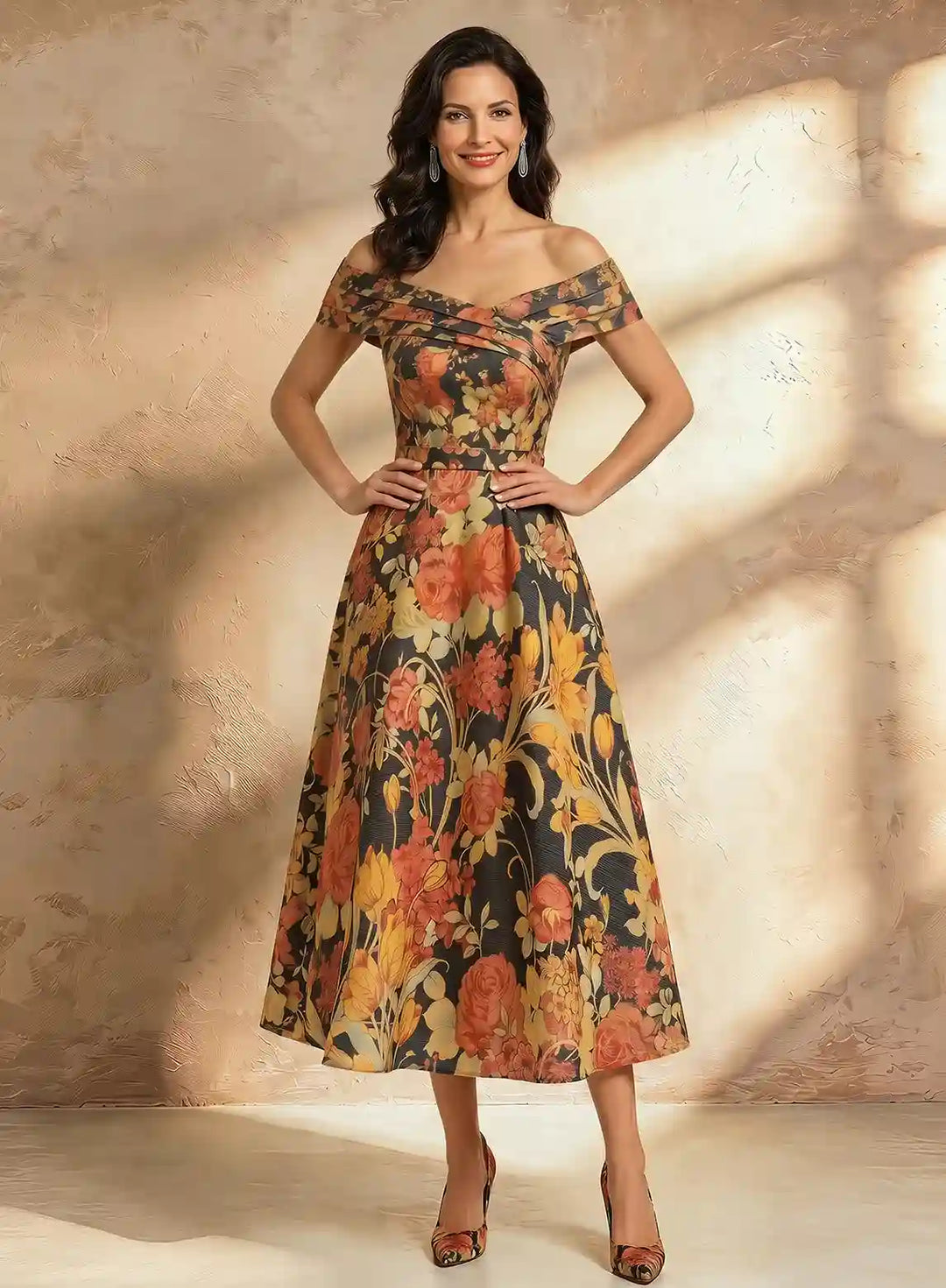 Off-Shoulder Floral Midi Dress–Elegant Chiffon A-Line Wedding Guest&Mother of Bride Dress sky blue / US 8