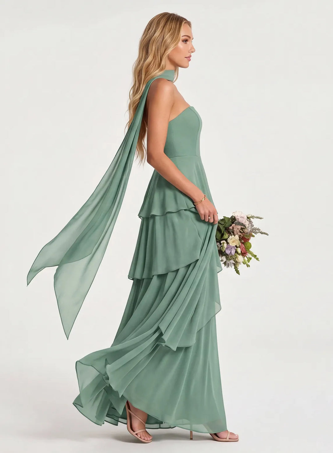 Flowing chiffon bridesmaid gown with elegant movement for wedding celebrations
