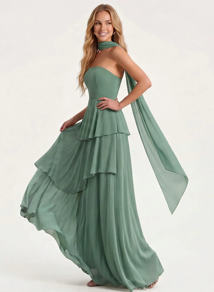 Flowy sage green maxi bridesmaid dress with lightweight chiffon fabric