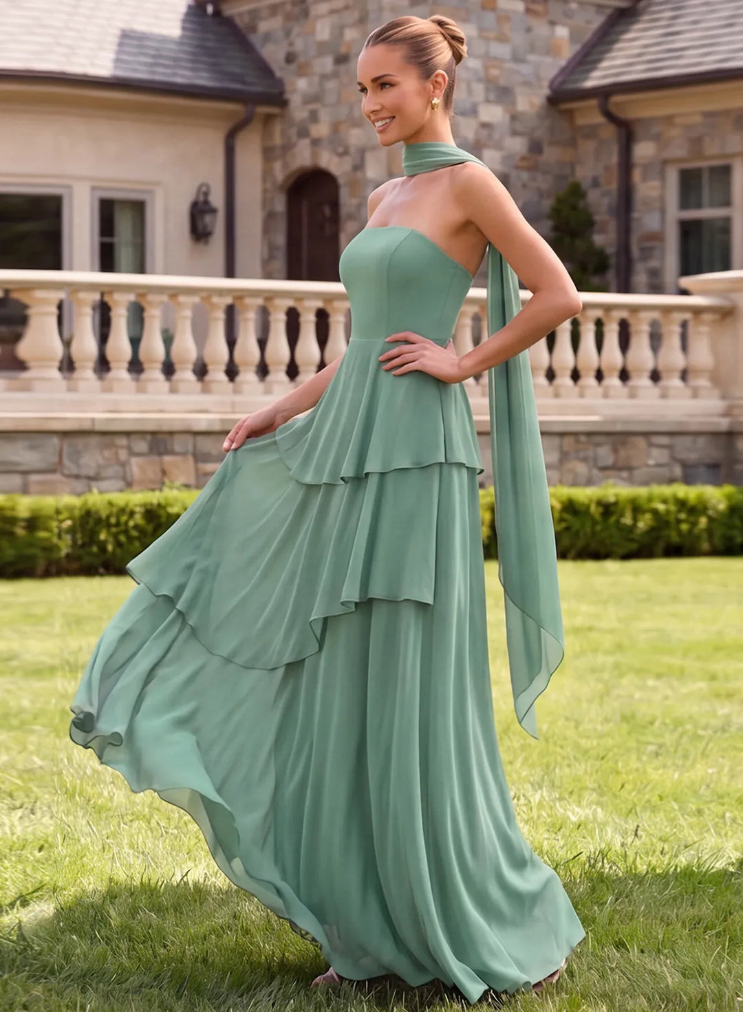 Flowy sage green maxi bridesmaid dress with lightweight chiffon fabric