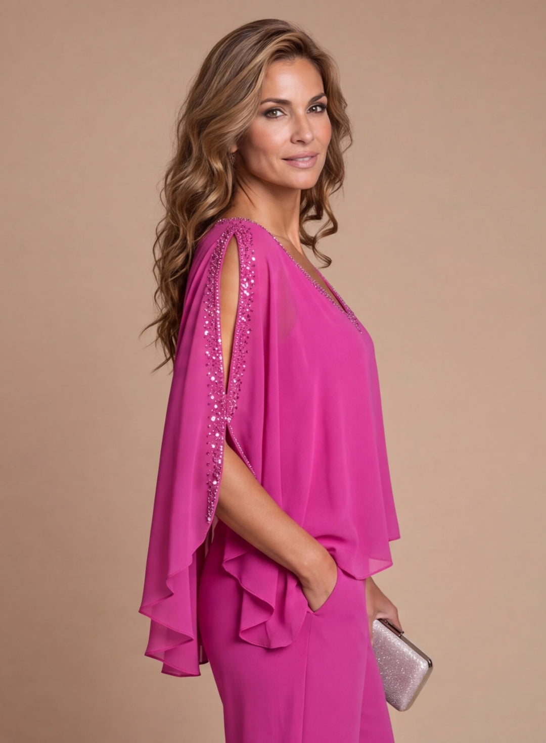 Fuchsia chiffon cape sleeve pantsuit for mother of the bride and wedding guests