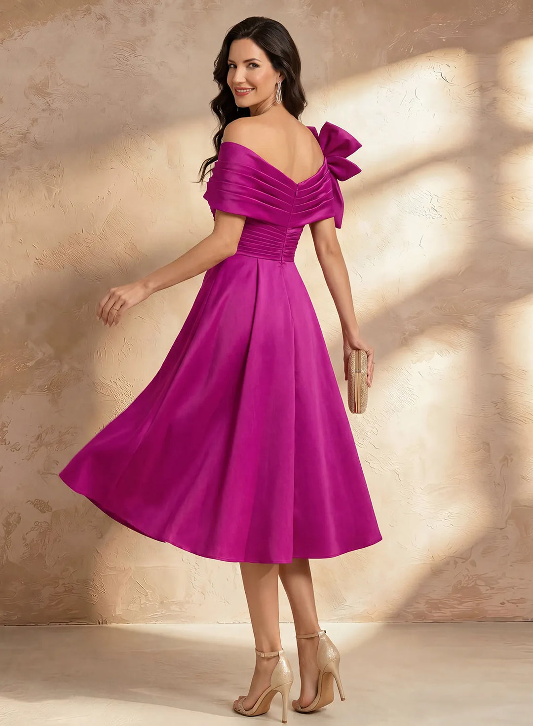 Fuchsia pink A-line formal dress with a flattering silhouette for weddings and special occasions